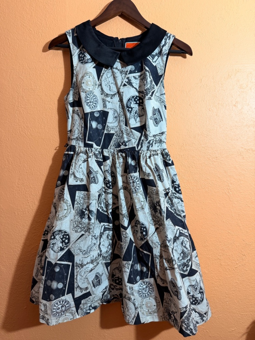 Modcloth Black and Cream Tarot Dress with Peter Pan Collar and Pockets